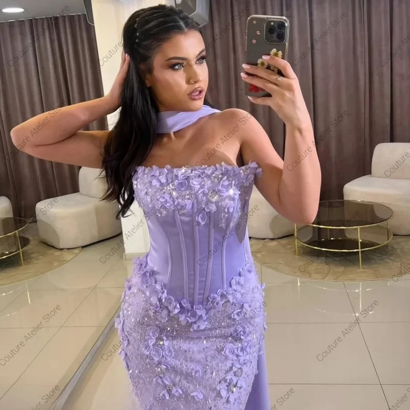 Customize Purple Glitter 3D Flowers robes de soirée Mermaid Strapless Backless Prom Dresses Floor-Length Wedding Dress 
Customize Purple Glitter 3D Flowers robes de soirée Mermaid Strapless Backless Prom Dresses Floor-Length Wedding Dress
