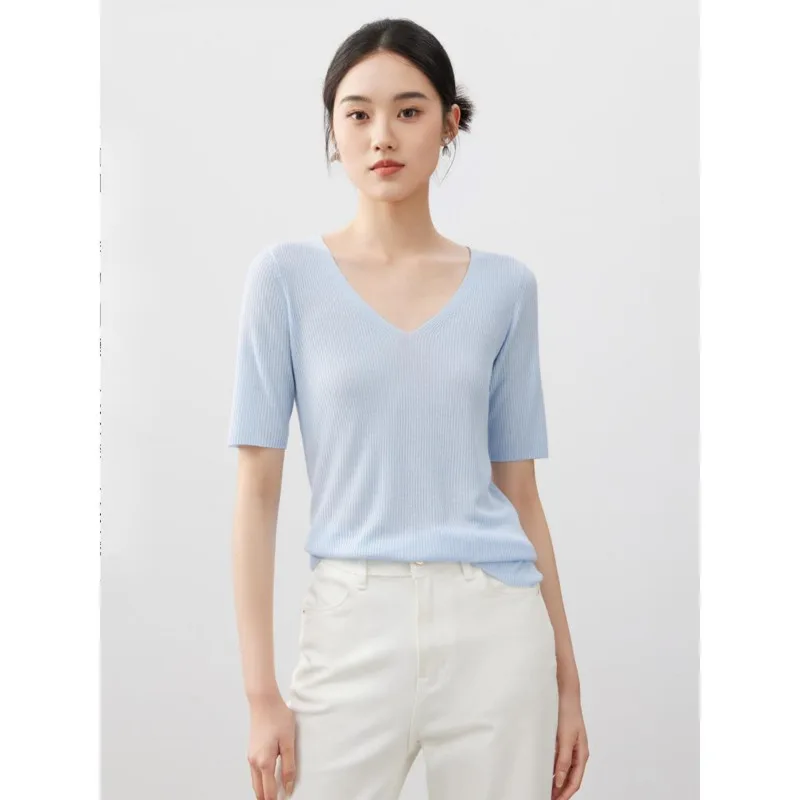 V-neck Acetic Acid Knitted Short Sleeve T-shirt Women Simple Slim Fit Knitted Tops
V-neck Acetic Acid Knitted Short Sleeve T-shirt Women Simple Slim Fit Knitted Tops