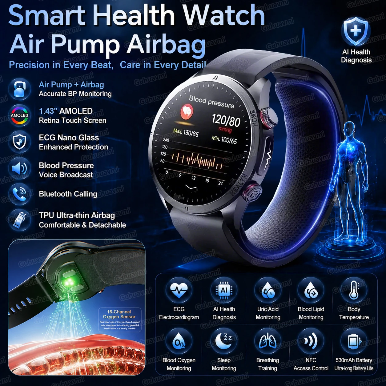NEW Blood Pressure Smart Watch with Air Pump Airbag Voice Broadcast (Answer/Make Calls), 1.43" AMOLED Fitness Tracker Heart Rate
NEW Blood Pressure Smart Watch with Air Pump Airbag Voice Broadcast (Answer/Make Calls), 1.43" AMOLED Fitness Tracker Heart Rate