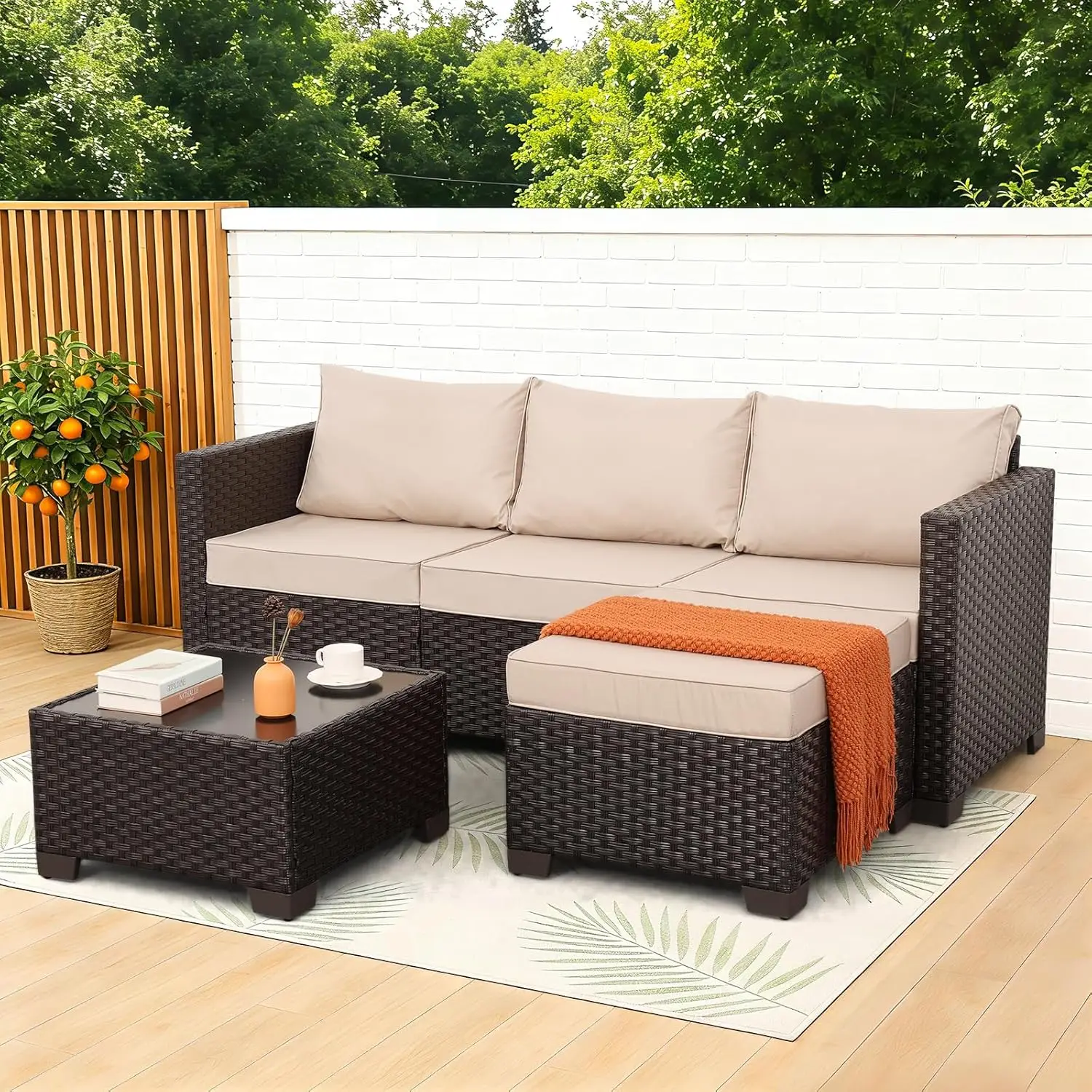 3 Piece Rattan Patio Furniture Set Sectional Sofa Couch Ottoman Table All Weather Non Slip Cushions Waterproof Cover, Customized
3 Piece Rattan Patio Furniture Set Sectional Sofa Couch Ottoman Table All Weather Non Slip Cushions Waterproof Cover, Customized