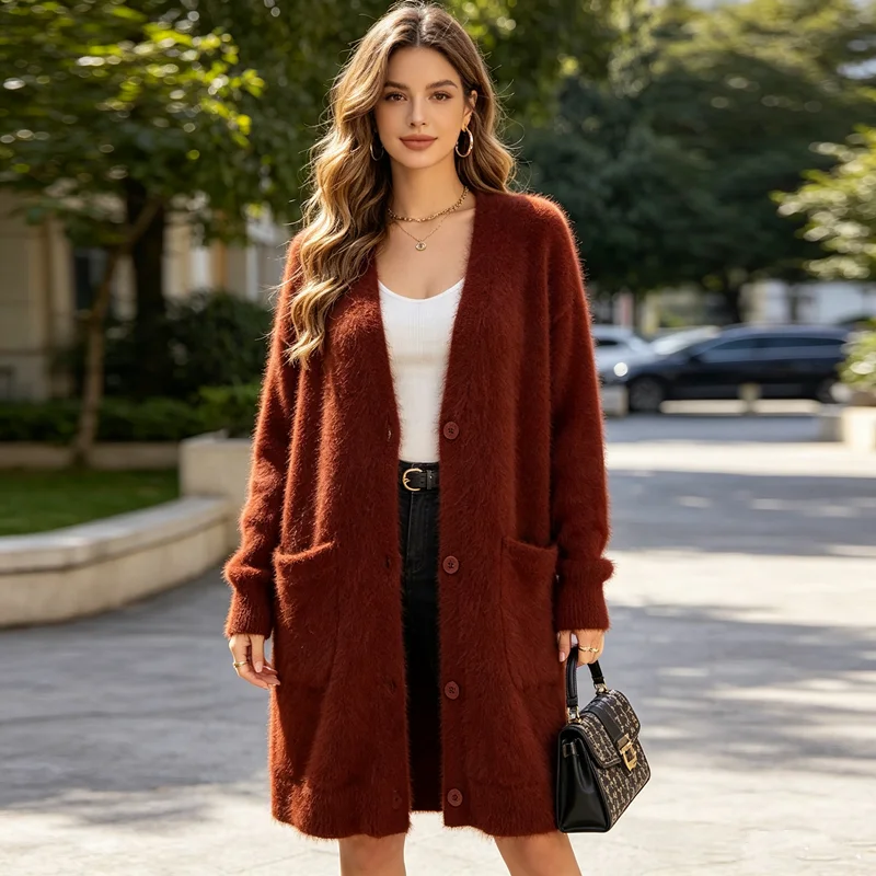 Ladies Women Autumn Winter Fashion Wine Hairy Mink Cashmere Knitted Long Sleeves V-Neck Loose Medium Long Sweater Caridgans Coat
Ladies Women Autumn Winter Fashion Wine Hairy Mink Cashmere Knitted Long Sleeves V-Neck Loose Medium Long Sweater Caridgans Coat