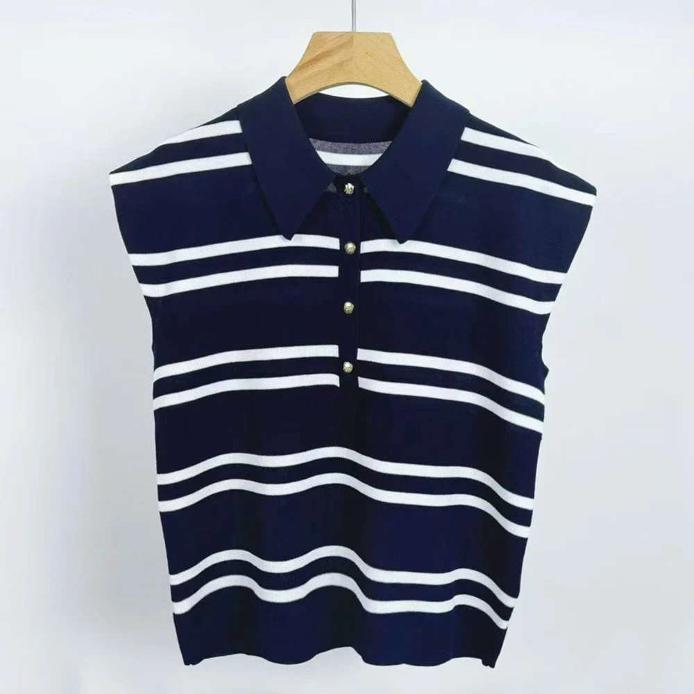 New Women's Fashionable Striped Neck Half Open Sleeveless Knitted Sweater Loose Fit Summer Casual Wear Single Piece
New Women's Fashionable Striped Neck Half Open Sleeveless Knitted Sweater Loose Fit Summer Casual Wear Single Piece