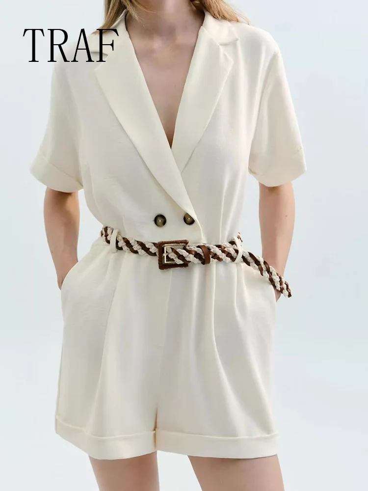 TRAF European and American style summer new women's fashion trend braided belt short lapel short-sleeved jumpsuit
TRAF European and American style summer new women's fashion trend braided belt short lapel short-sleeved jumpsuit