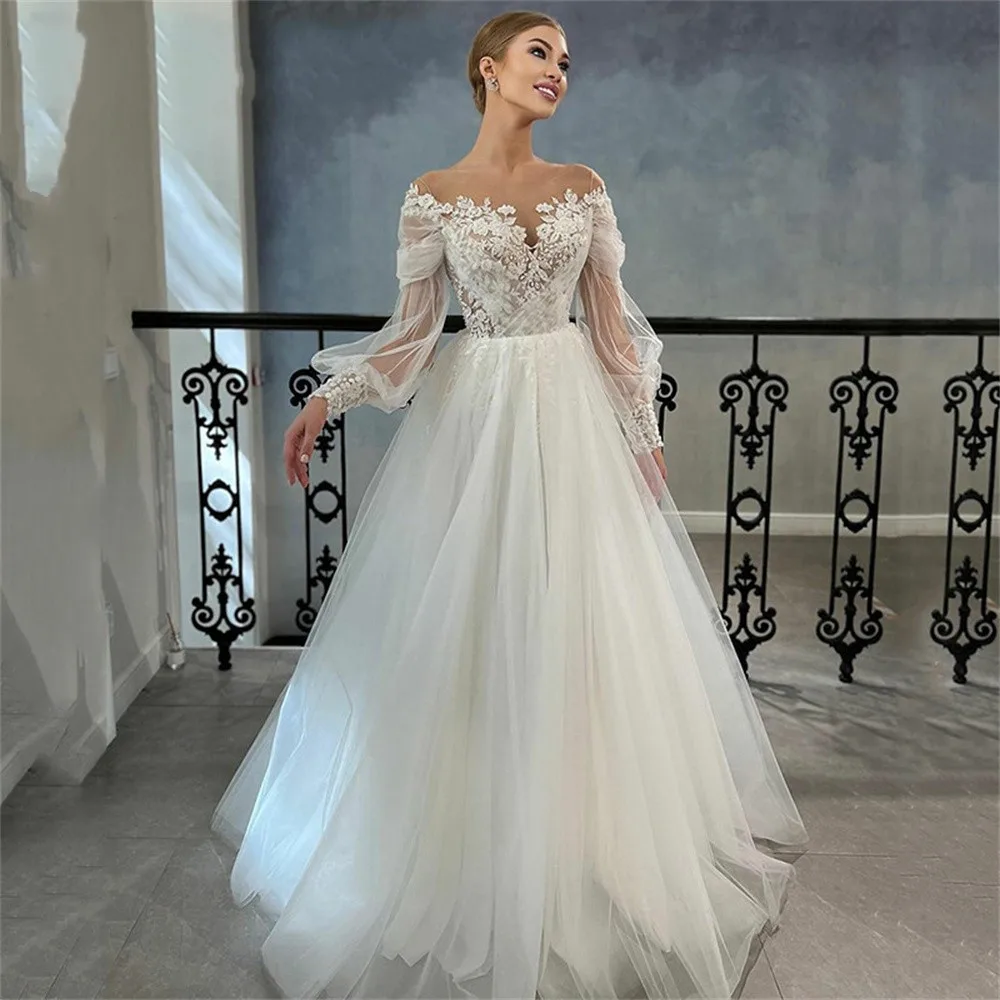 Elegant A-Line Wedding Dresses V-Neck Organza Lace Off the Shoulder Illusion Long Sleeve Bride Party Gowns Vestido De Novia
Elegant A-Line Wedding Dresses V-Neck Organza Lace Off the Shoulder Illusion Long Sleeve Bride Party Gowns Vestido De Novia