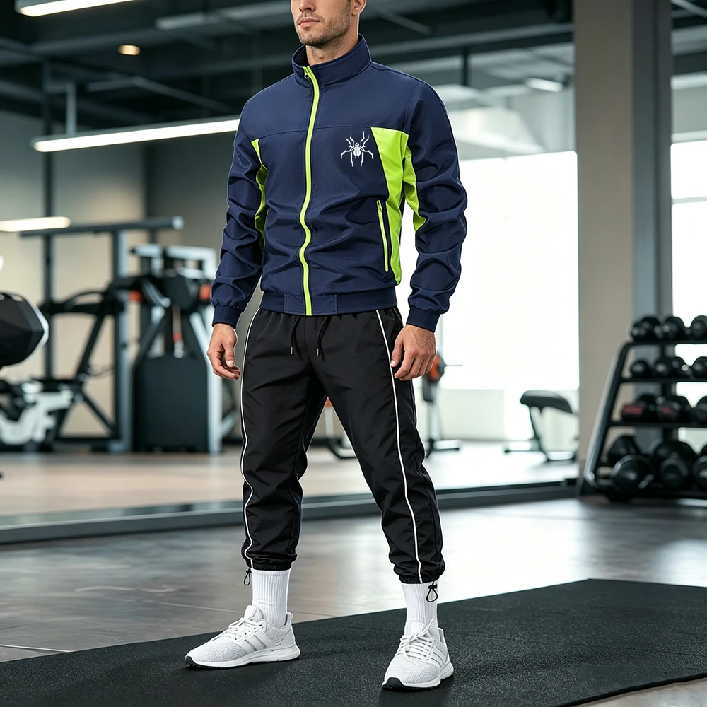 Men Color Block Zip Up Stand Collar Jacket Prancing Side Stripe Drawstring Hem Sweatpants Mecha Spider Print 2 Pieces Set
Men Color Block Zip Up Stand Collar Jacket Prancing Side Stripe Drawstring Hem Sweatpants Mecha Spider Print 2 Pieces Set