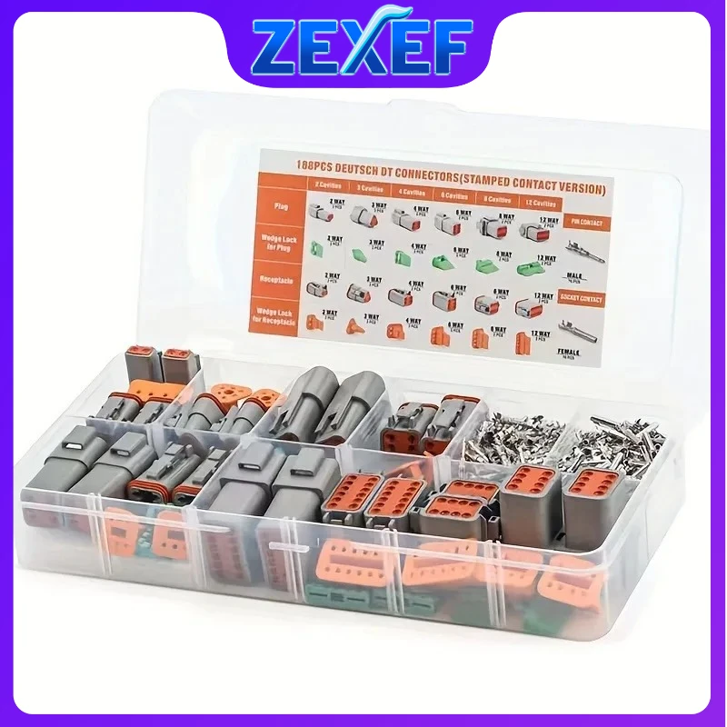 ZEXEF 188pcs Deutsch DT Series Connector Assortment, Size 16 Stamped Contacts, Waterproof Automotive Electrical Connectors
ZEXEF 188pcs Deutsch DT Series Connector Assortment, Size 16 Stamped Contacts, Waterproof Automotive Electrical Connectors 