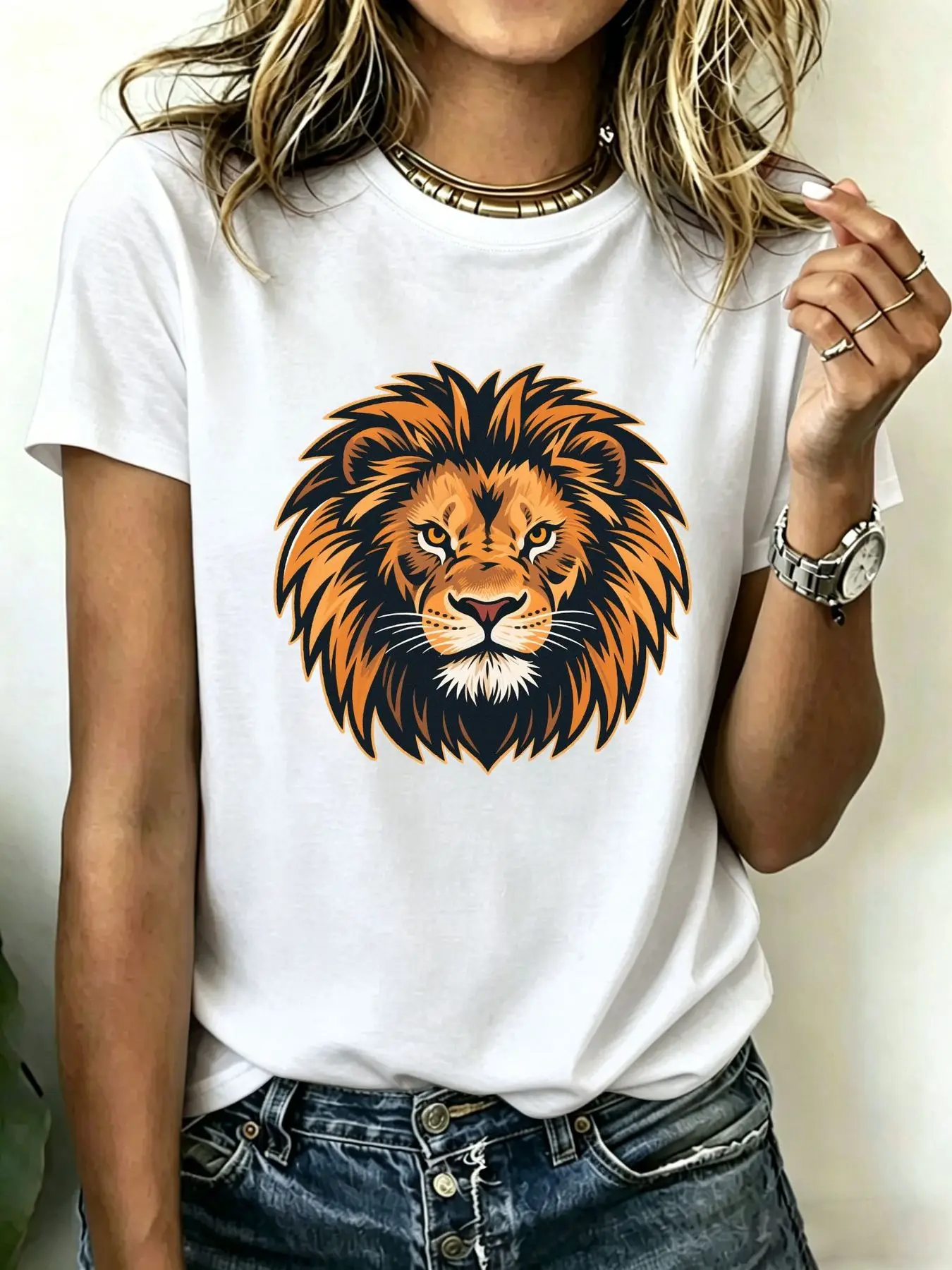 180-gram pure cotton Plus-size women's T-shirt with bold lion head graphic, comfortable breathable sweat-absorbing stylish ca
180-gram pure cotton Plus-size women's T-shirt with bold lion head graphic, comfortable breathable sweat-absorbing stylish ca