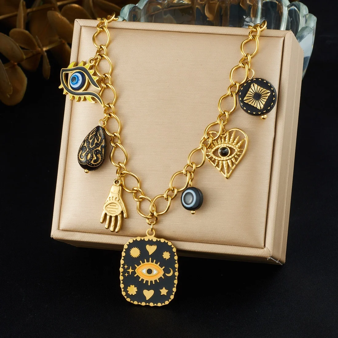 Evil Eye Hamsa Hand Multi Charms Bracelet 316L Stainless Steel Chunky Link Chain Enamel Bead Vintage Mystical Women Jewelry
Evil Eye Hamsa Hand Multi Charms Bracelet 316L Stainless Steel Chunky Link Chain Enamel Bead Vintage Mystical Women Jewelry