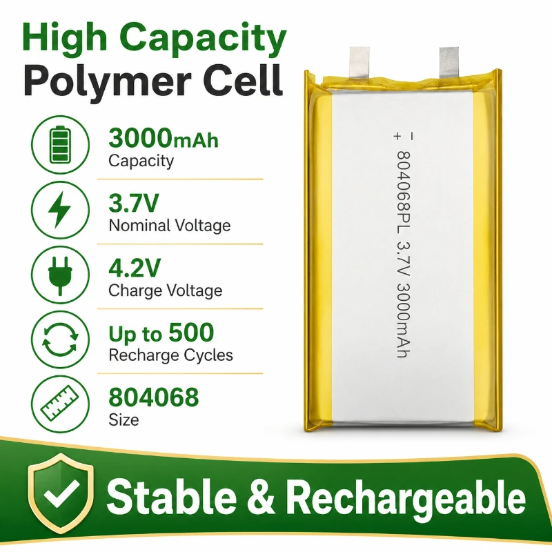 804068 3000mAh Polymer Lithium Battery 3.7V Large Capacity Rechargeable Handheld Game Console with Stable Battery Life
804068 3000mAh Polymer Lithium Battery 3.7V Large Capacity Rechargeable Handheld Game Console with Stable Battery Life