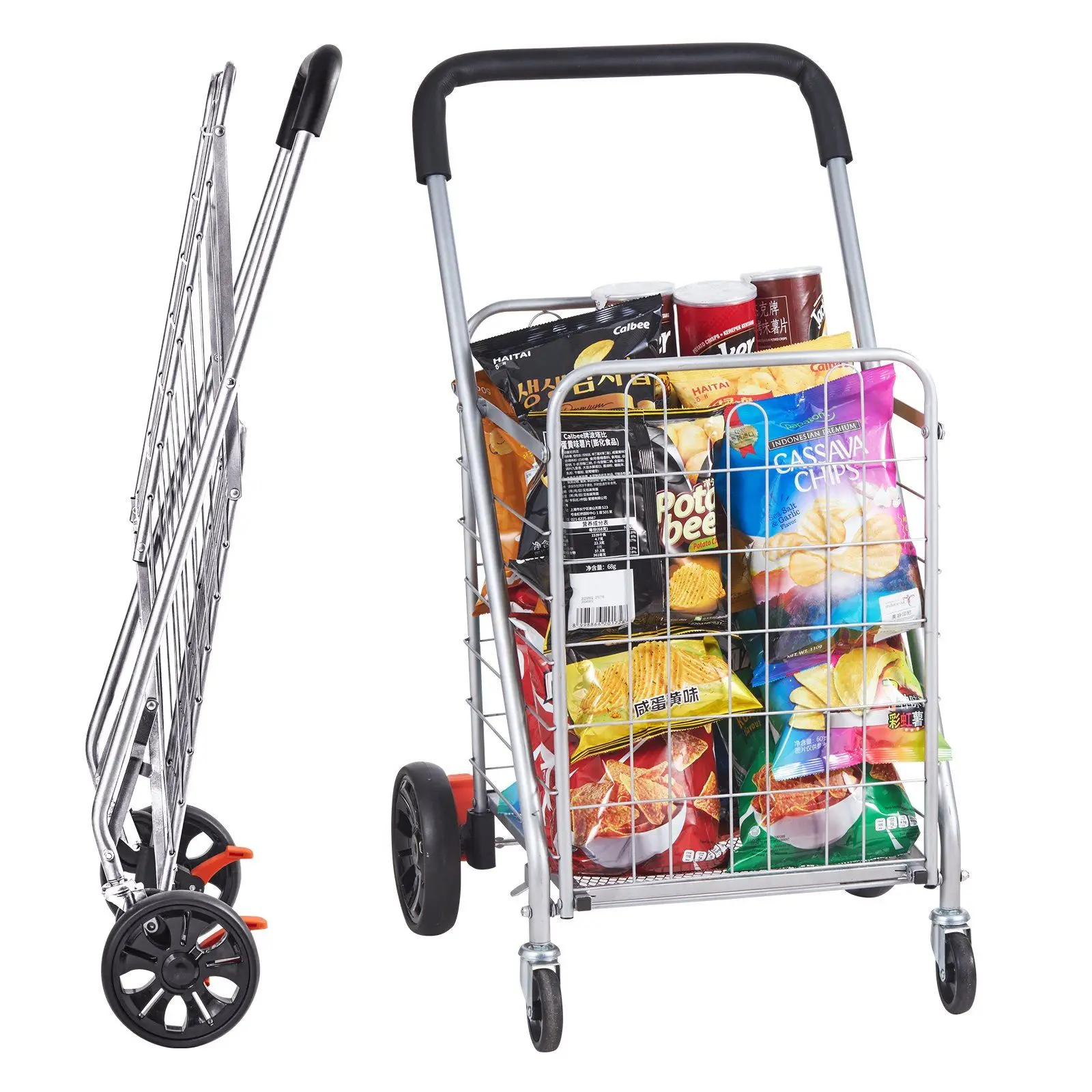 110-lb Folding Shopping Cart – Heavy-Duty w/ Swivel Wheels – Compact, Collapsible for Groceries, Laundry & Luggage (Silver)
110-lb Folding Shopping Cart – Heavy-Duty w/ Swivel Wheels – Compact, Collapsible for Groceries, Laundry & Luggage (Silver)