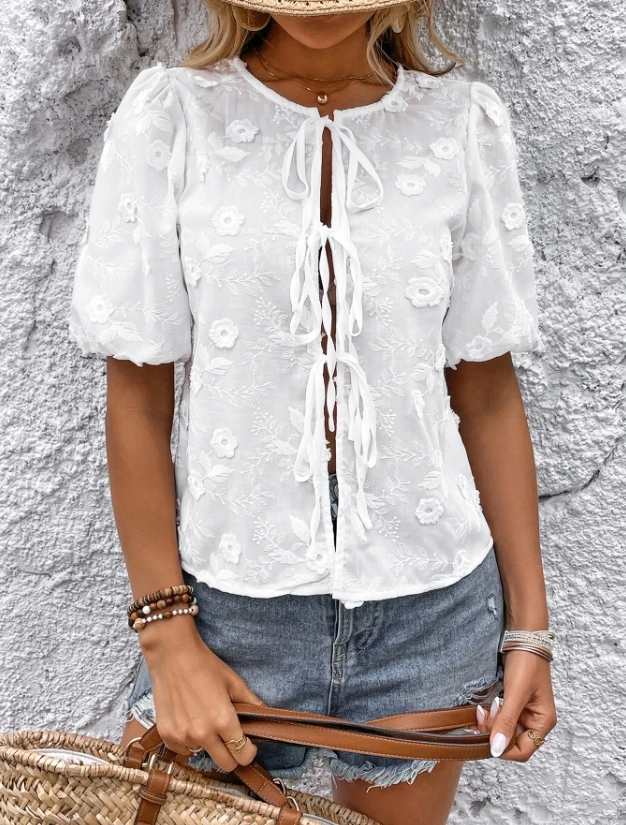 Summer Tie Tied Shirt Jacquard Embroidered Fabric Top for Women, Elegant Summer Bubble Sleeves Solid Color Chiffon Top
Summer Tie Tied Shirt Jacquard Embroidered Fabric Top for Women, Elegant Summer Bubble Sleeves Solid Color Chiffon Top