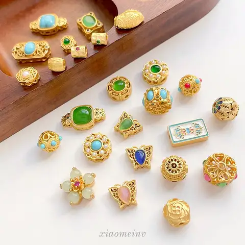 6pcs Copper Gold-plated Zirconium-inlaid Pearl Imitation Turquoise Lace Trim Bead Material Diy Handmade Pendant Beads