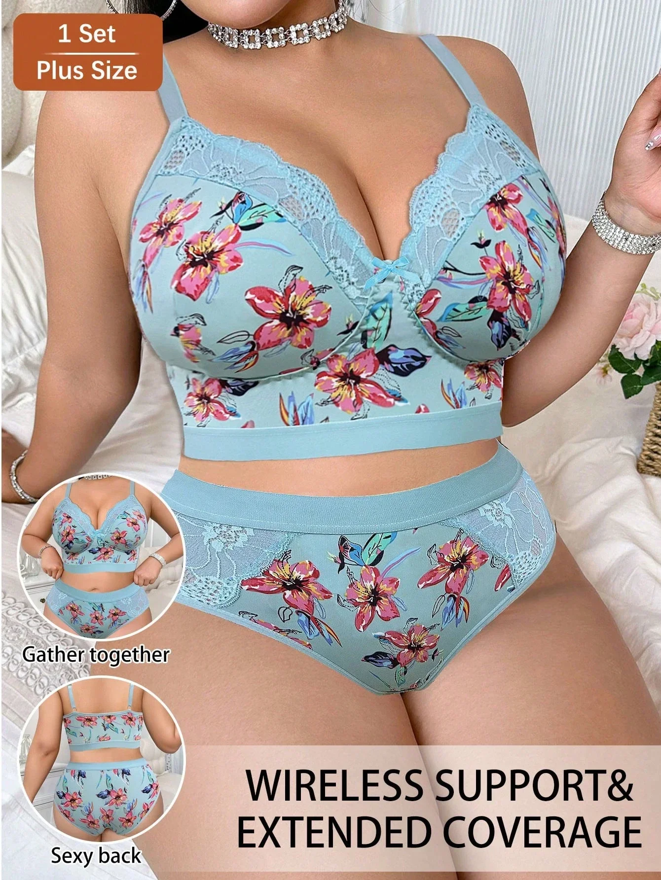 Plus Size Women Floral Print Wireless Bra And Brief Set
Plus Size Women Floral Print Wireless Bra And Brief Set