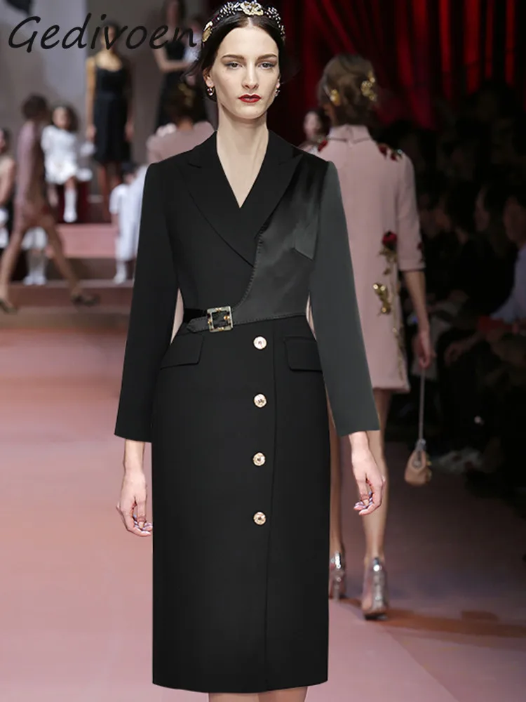 Gedivoen Spring Fashion Designer Black Vintage Dress Women Lapel Button Pockets Belted Spliced Package Buttocks Slim Midi Dress
Gedivoen Spring Fashion Designer Black Vintage Dress Women Lapel Button Pockets Belted Spliced Package Buttocks Slim Midi Dress