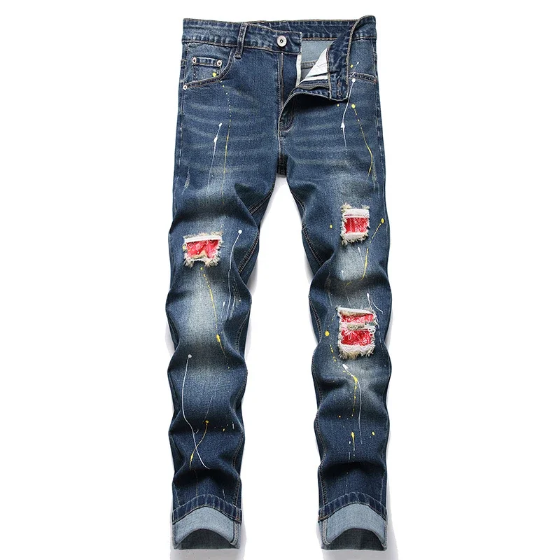 New Vintage Ripped Patch Jeans Male Stretch Slim Fit Men's Denim Long Pants High Street Fashionable Casual Paint Dot Trousers
New Vintage Ripped Patch Jeans Male Stretch Slim Fit Men's Denim Long Pants High Street Fashionable Casual Paint Dot Trousers