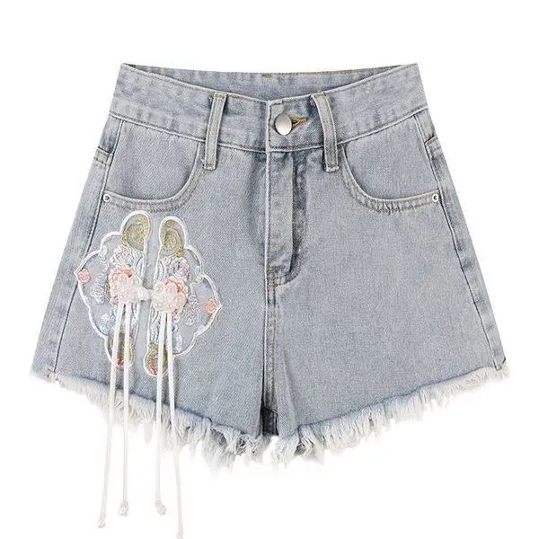 Chinese Style Embroidered Knot Button Design Jeans Shorts Women Vintage High-waisted Slim Bleached Frayed Cutoff Denim Shorts
Chinese Style Embroidered Knot Button Design Jeans Shorts Women Vintage High-waisted Slim Bleached Frayed Cutoff Denim Shorts