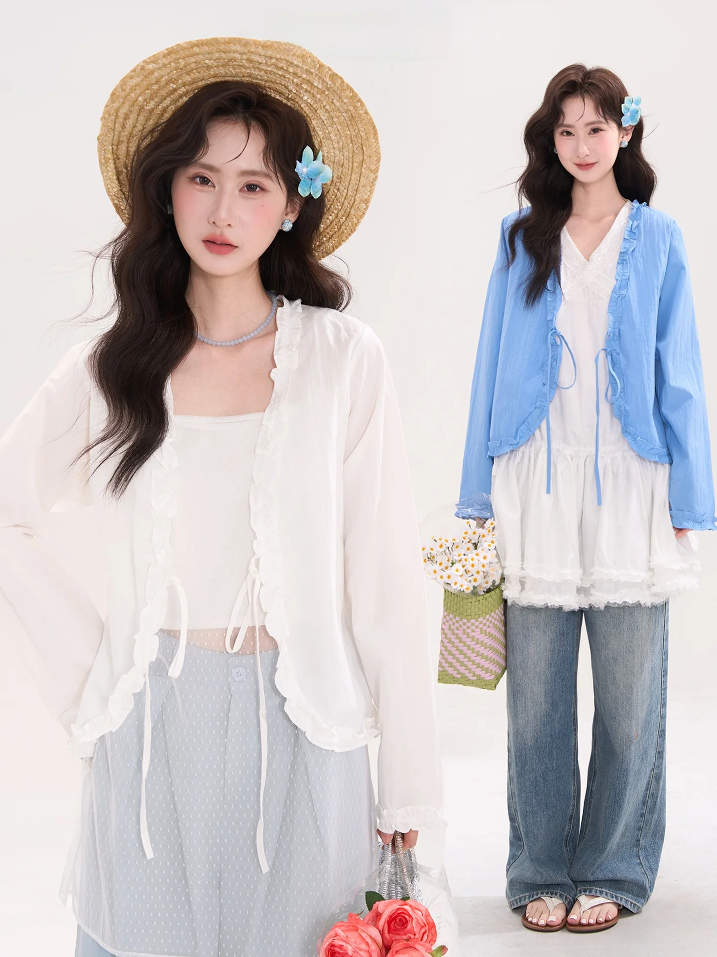 Korean Style Long Sleeve Sun Protection Women's Shirt Hem Window Heme Blueberry Yogurt Ruffle Tie Cardigan Spring Summer Top
Korean Style Long Sleeve Sun Protection Women's Shirt Hem Window Heme Blueberry Yogurt Ruffle Tie Cardigan Spring Summer Top