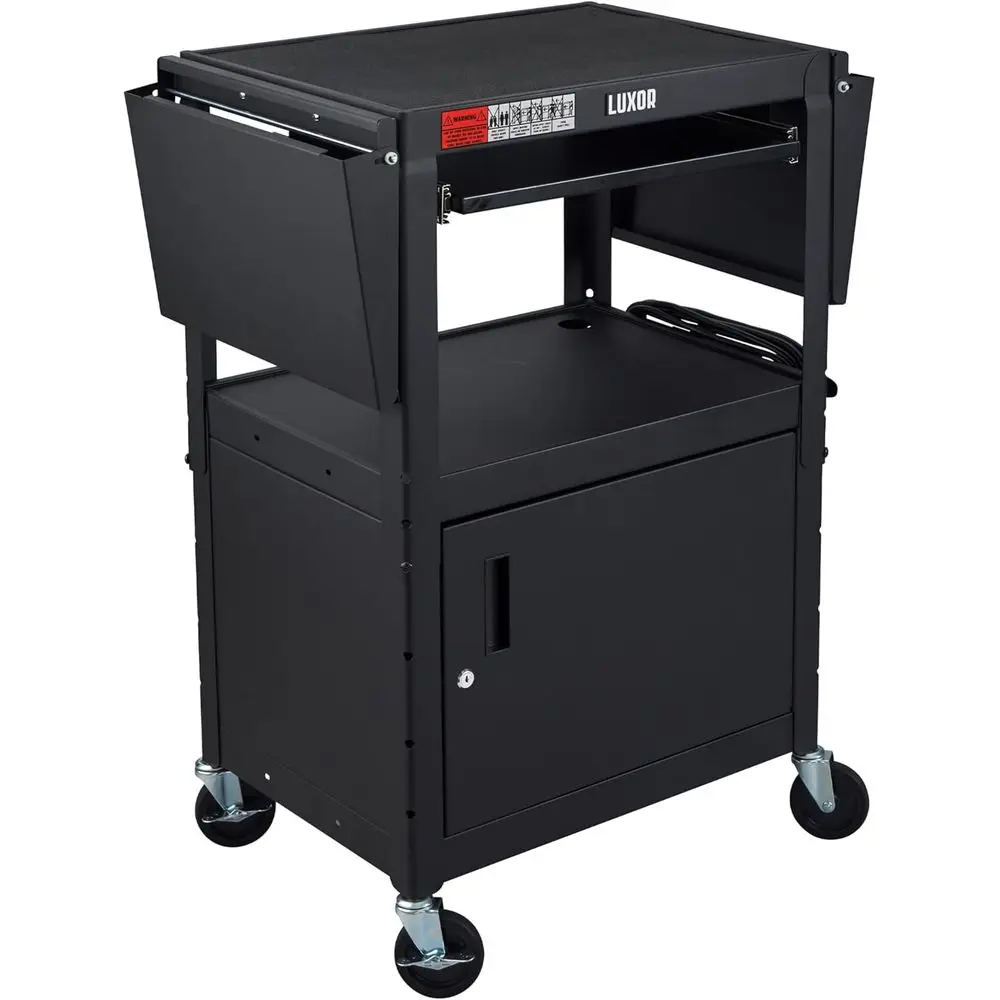 Adjustable Height Rolling AV Cart, Mobile Workstation with Drop Leaf Shelves, Pullout Keyboard Tray, Locking Cabinet, Power Stri
Adjustable Height Rolling AV Cart, Mobile Workstation with Drop Leaf Shelves, Pullout Keyboard Tray, Locking Cabinet, Power Stri