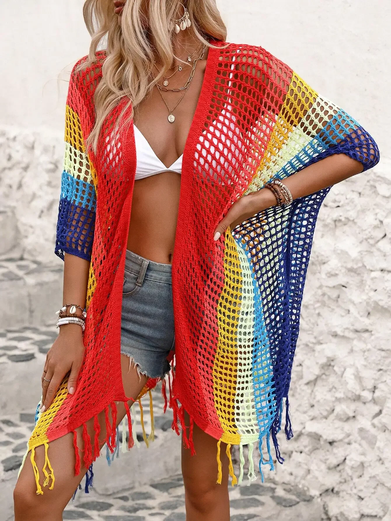 Rainbow Color Block See Through Crochet Fringe Hem Open Cardigan
Rainbow Color Block See Through Crochet Fringe Hem Open Cardigan