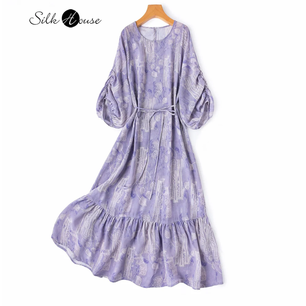 Women's New Purple Grass Dyed 100% Natural Mulberry Silk Double Crepe Round Neck Lantern Sleeve Ruffle Hem Large Swing Dress
Women's New Purple Grass Dyed 100% Natural Mulberry Silk Double Crepe Round Neck Lantern Sleeve Ruffle Hem Large Swing Dress