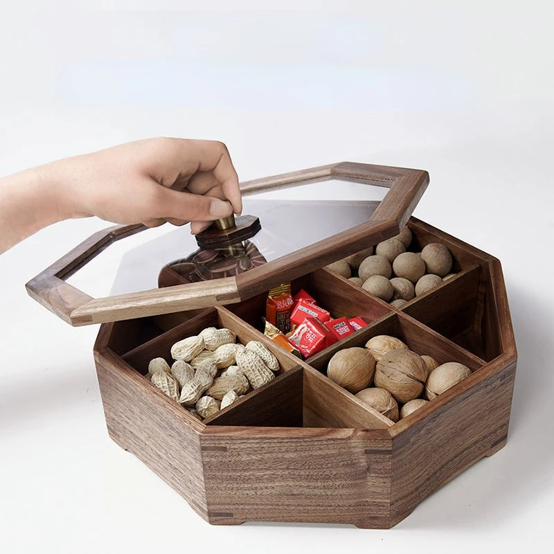 Solid wood fruit box Chinese-style household compartment with cover nut tray dried fruit snack storage box
Solid wood fruit box Chinese-style household compartment with cover nut tray dried fruit snack storage box
