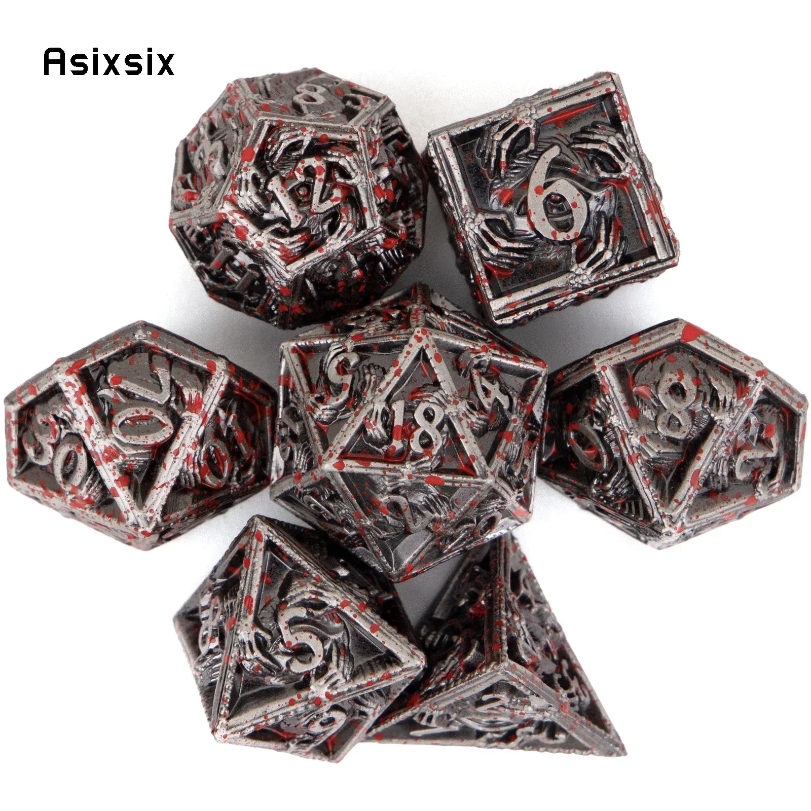 7 Pcs Silver Red Hand Metal Dice Solid Metal Polyhedral Dice Set Suitable For Role-Playing Game
