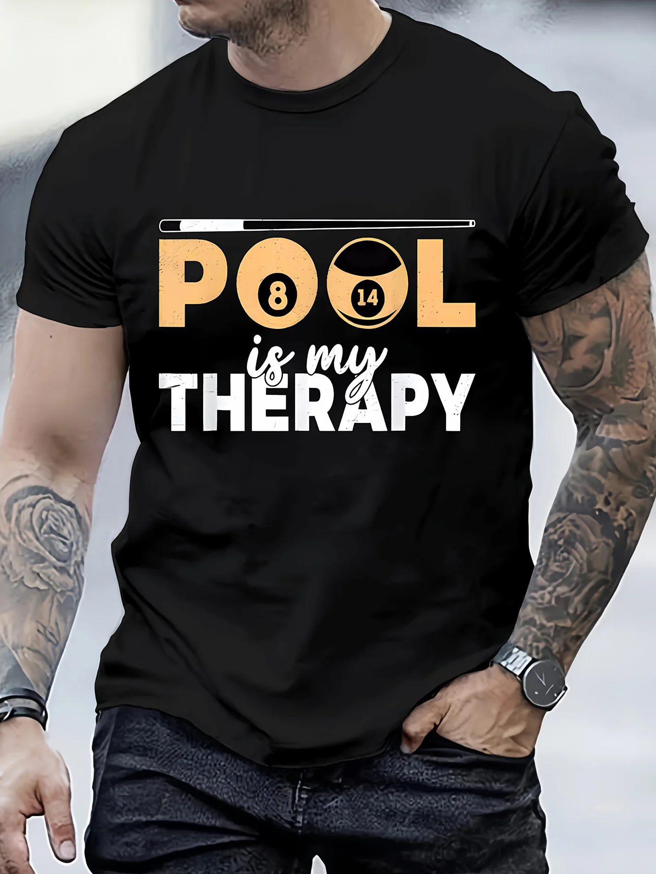 Men's billiards casual T-shirt with No. 8 and No. 14 ball patterns and club graphics, casual print design
Men's billiards casual T-shirt with No. 8 and No. 14 ball patterns and club graphics, casual print design