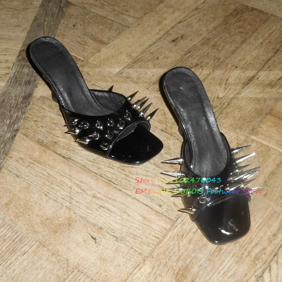 Extra Long Silver Spikes Mules Sqaure Toe Black Patent Leather Rivets High Heel Slippers Ladies Designer Brand Dress Shoes 
Extra Long Silver Spikes Mules Sqaure Toe Black Patent Leather Rivets High Heel Slippers Ladies Designer Brand Dress Shoes