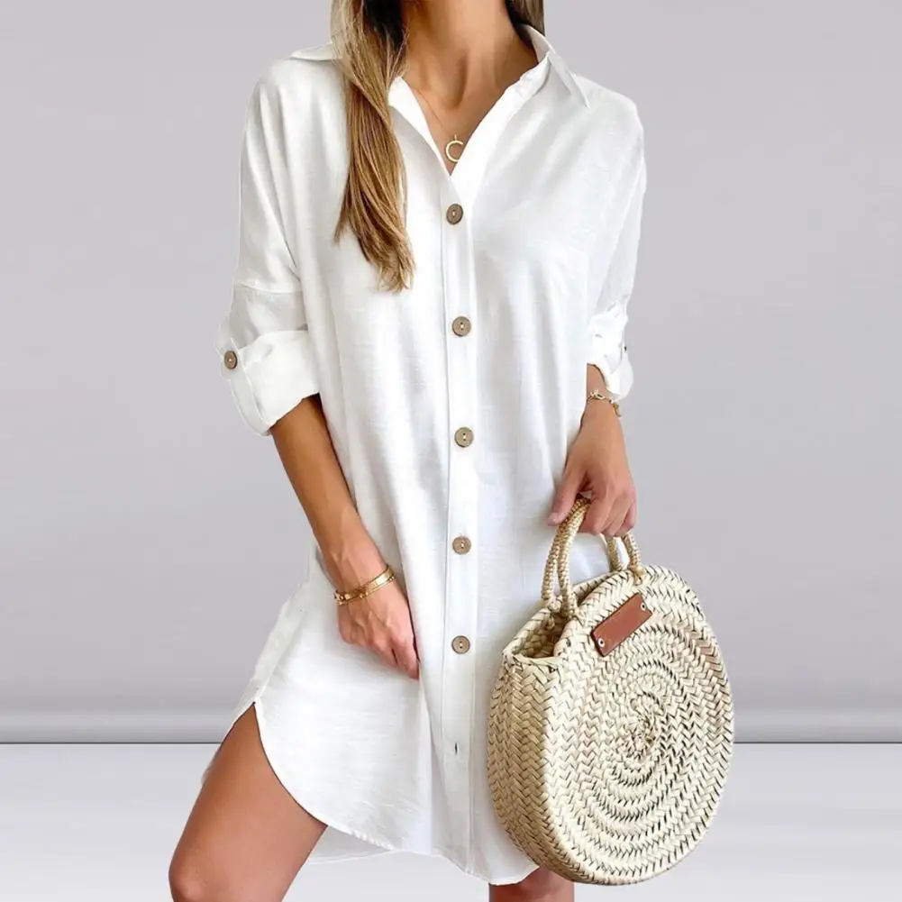 Lapel Single Breasted Shirt Dress, Long Sleeve, Loose Solid Color, Irregular Hem, Spring Office Daily Mini Dress, Femme Vestidos
Lapel Single Breasted Shirt Dress, Long Sleeve, Loose Solid Color, Irregular Hem, Spring Office Daily Mini Dress, Femme Vestidos