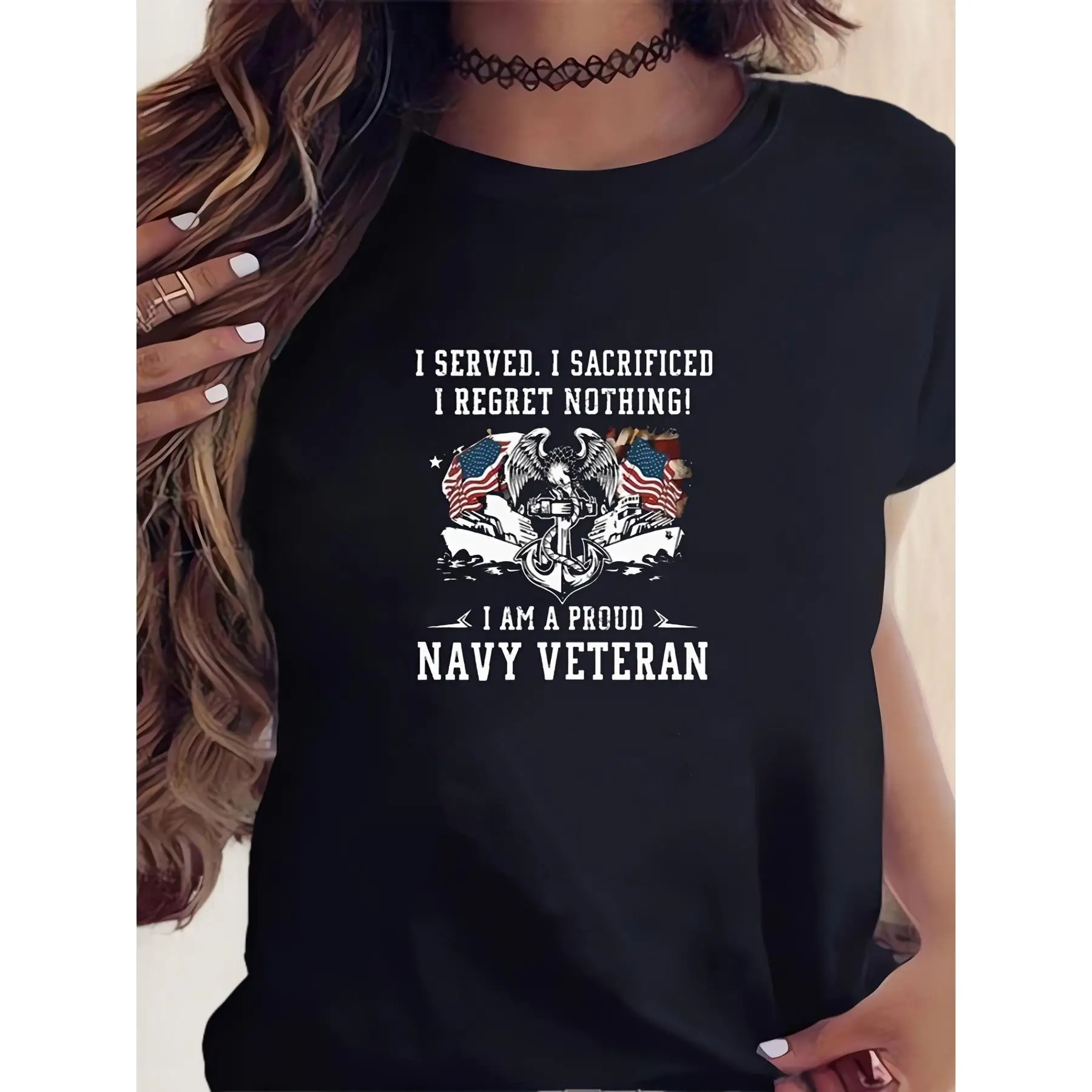 Navy Veteran Print T-Shirt, Casual Crew Neck, Short Sleeve, Cotton Blend, Knit Fabric, Slight Stretch, Regular Length, with Patr
Navy Veteran Print T-Shirt, Casual Crew Neck, Short Sleeve, Cotton Blend, Knit Fabric, Slight Stretch, Regular Length, with Patr