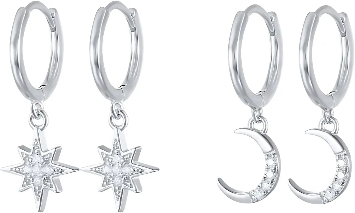 925 Silver Moon Star Huggie Earrings Cubic Zirconia Dangle Drop Hoops for Women Girls
925 Silver Moon Star Huggie Earrings Cubic Zirconia Dangle Drop Hoops for Women Girls