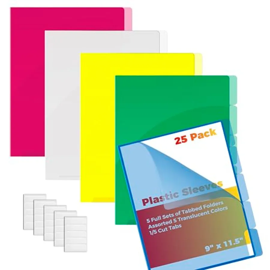 Poly Project Document Pockets, 25 Pack, 1/5 Cut Tabs, Plastic File Jacket Sleeves for Letter Size Paper, 5 Translucent Colors,
Poly Project Document Pockets, 25 Pack, 1/5 Cut Tabs, Plastic File Jacket Sleeves for Letter Size Paper, 5 Translucent Colors,
