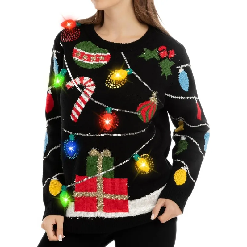 Womens LED Light Up String Light Ugly Christmas Sweater with Light Bulb Pullover Sweater
Womens LED Light Up String Light Ugly Christmas Sweater with Light Bulb Pullover Sweater