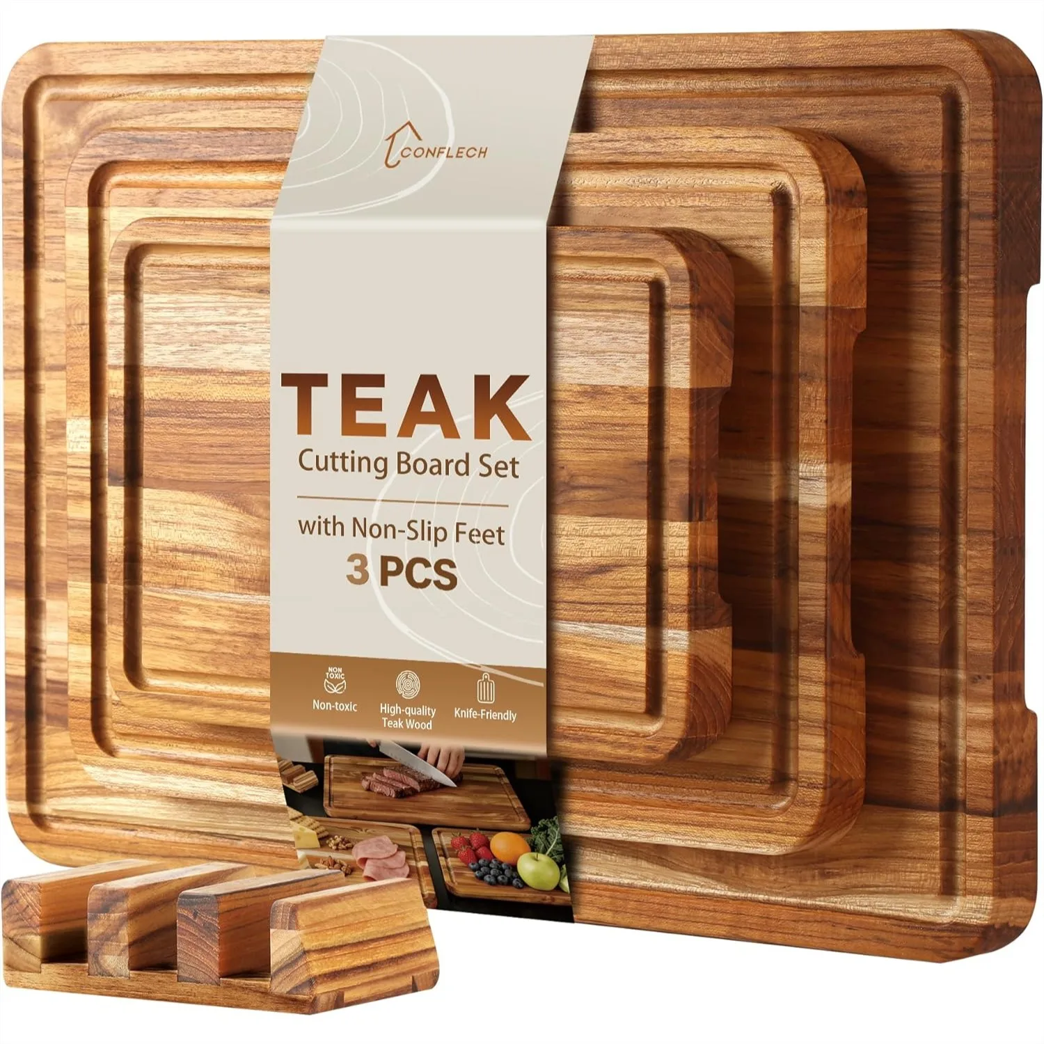 3 Pack Teak Cutting Board Set for Kitchen with Juice Groove, Non Toxic Heavy Duty Wood Charcuterie Board, FSC Certified, 3 Sizes
3 Pack Teak Cutting Board Set for Kitchen with Juice Groove, Non Toxic Heavy Duty Wood Charcuterie Board, FSC Certified, 3 Sizes