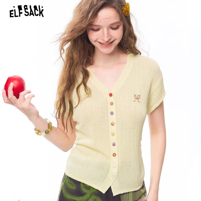 ELFSACK Women's Knit Blouse with Colorful Buttons & Logo Embroidery, V Neck Ruched Crop Top for Daily
ELFSACK Women's Knit Blouse with Colorful Buttons & Logo Embroidery, V Neck Ruched Crop Top for Daily