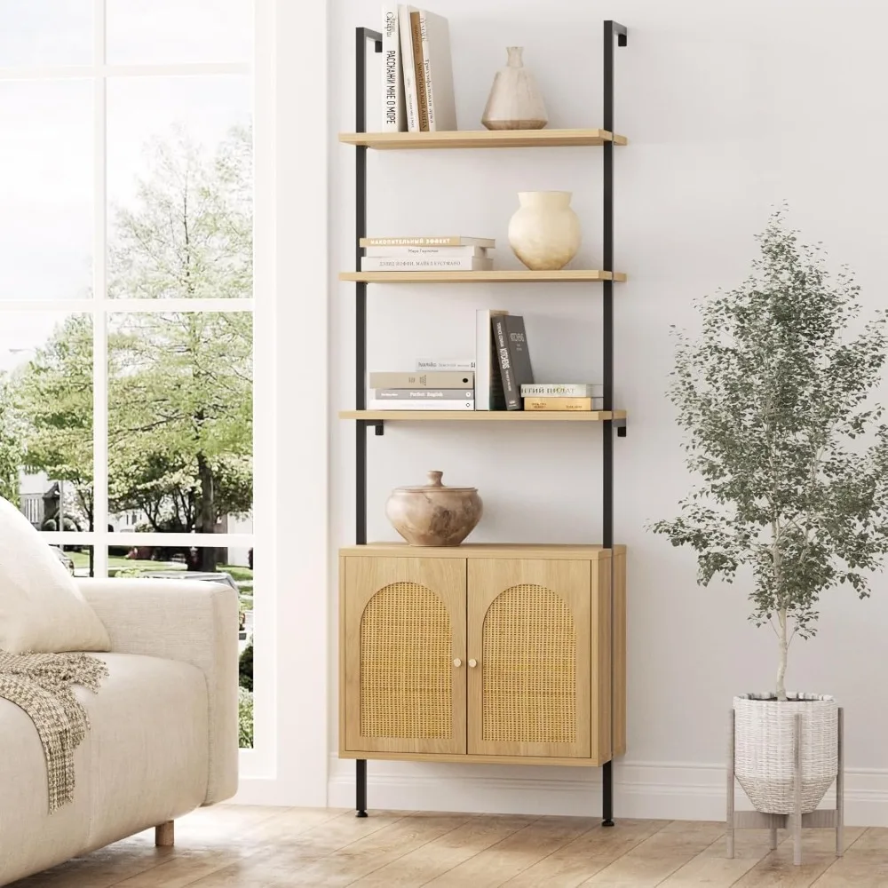 Ladder Bookshelf with Cabinet, 6 Tier Wall Mount Ladder Bookcase with Rattan Cabinet, Tall Open Ladder Shelf with Metal Frame
Ladder Bookshelf with Cabinet, 6 Tier Wall Mount Ladder Bookcase with Rattan Cabinet, Tall Open Ladder Shelf with Metal Frame