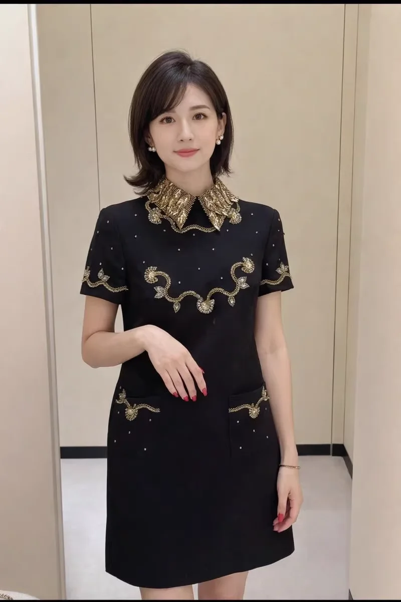 High Quality 100% Silk Dress Women's Fashion Black Embroidered Dress Vintage Style Pearls Mini Dress
High Quality 100% Silk Dress Women's Fashion Black Embroidered Dress Vintage Style Pearls Mini Dress
