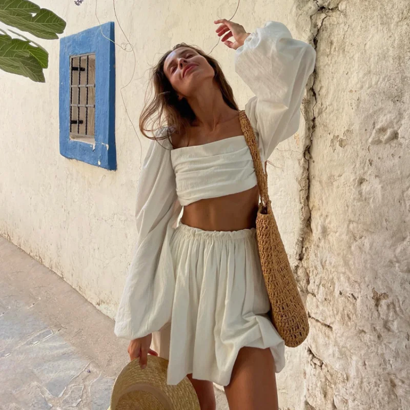 HOUZHOU Cotton Backless Top Pleated High Waist Skirt Matching Sets Summer Two Piece Dress Set Elegant Women Sexy Beach Outfits
HOUZHOU Cotton Backless Top Pleated High Waist Skirt Matching Sets Summer Two Piece Dress Set Elegant Women Sexy Beach Outfits