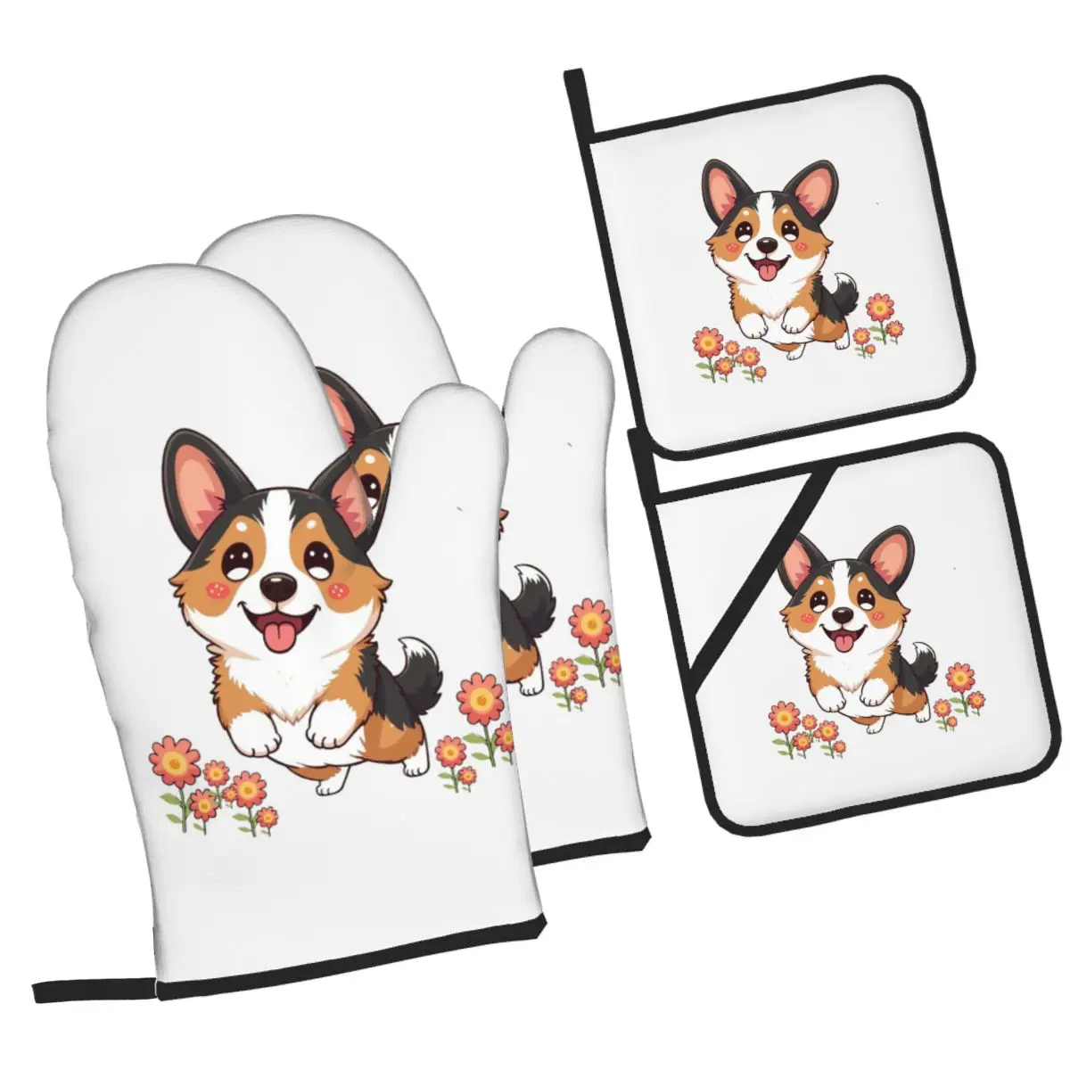 Kawaii Tricolor Corgi In The Garden Oven Mitts and Pot Holder Sets of 4 for Baking Kitchen Cooking Grilling Resistant Gloves
Kawaii Tricolor Corgi In The Garden Oven Mitts and Pot Holder Sets of 4 for Baking Kitchen Cooking Grilling Resistant Gloves