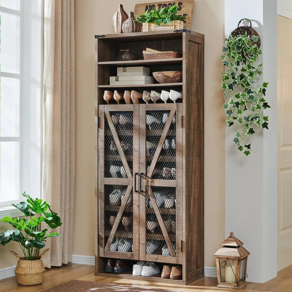Farmhouse Shoe Cabinet, Tall with Mesh Doors and Adjustable Shelves, Rustic Wooden Organizer, Modern Large Entryway Storage
Farmhouse Shoe Cabinet, Tall with Mesh Doors and Adjustable Shelves, Rustic Wooden Organizer, Modern Large Entryway Storage