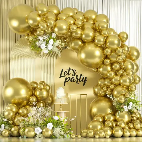 114pcs Metallic Gold Balloons Arch Kit with 18 12 10 and 5 inch Chrome Gold Latex Balloons in Various Sizes for Elegant Graduat