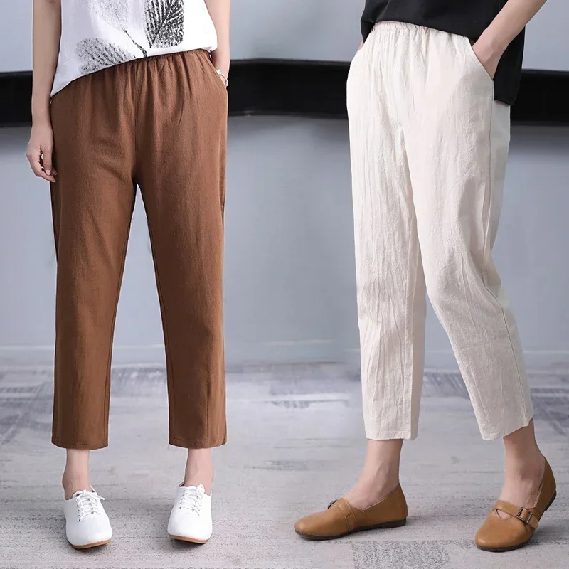 Summer Women's Pants Cotton Line Ankle-Length Pants Female Mom Casual Solid Color Elastic Waist Harem Pants Women
Summer Women's Pants Cotton Line Ankle-Length Pants Female Mom Casual Solid Color Elastic Waist Harem Pants Women