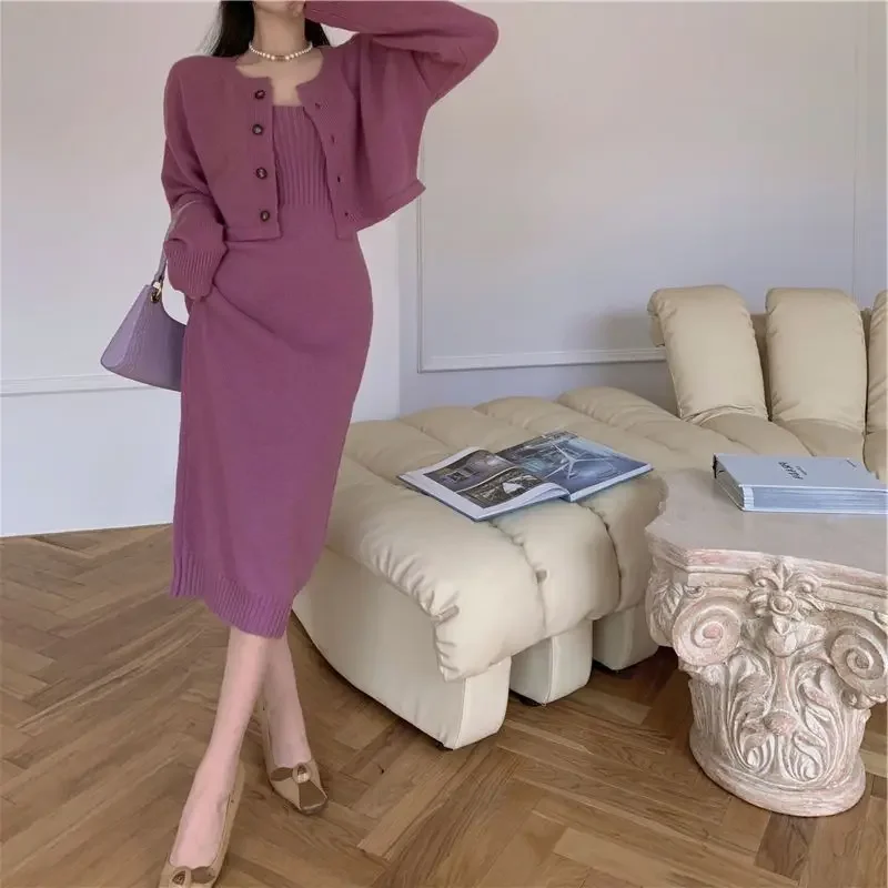 Spring Autumn New Women's Fashion Korean Edition Hanging Strap Knitted Dress+Long Sleeve Cardigan Sweater Two Piece Set
Spring Autumn New Women's Fashion Korean Edition Hanging Strap Knitted Dress+Long Sleeve Cardigan Sweater Two Piece Set