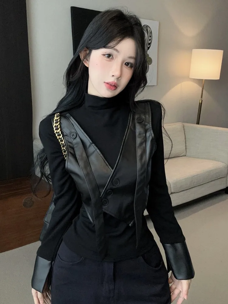 Korean Style High Collar Slim Fit Long Sleeve T-Shirt Patchwork Asymmetrical Leather Jacket Trendy Commute Casual Wear
Korean Style High Collar Slim Fit Long Sleeve T-Shirt Patchwork Asymmetrical Leather Jacket Trendy Commute Casual Wear