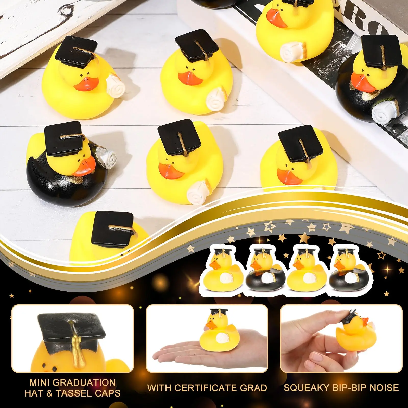 Mini Graduation Rubber Ducks with Graduation Tassel Cap and Certificate Glitter Gold Yellow Grad Duck Bulk for Pool Float Party
Mini Graduation Rubber Ducks with Graduation Tassel Cap and Certificate Glitter Gold Yellow Grad Duck Bulk for Pool Float Party