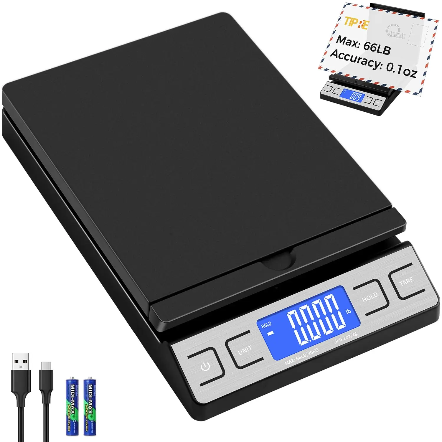 Digital Shipping Postal Scale, 66lb/0.1oz Postage Scale with Envelope Flip Holder, Hold & Tare, Battery & Type-C Charging - Black
Digital Shipping Postal Scale, 66lb/0.1oz Postage Scale with Envelope Flip Holder, Hold & Tare, Battery & Type-C Charging - Black