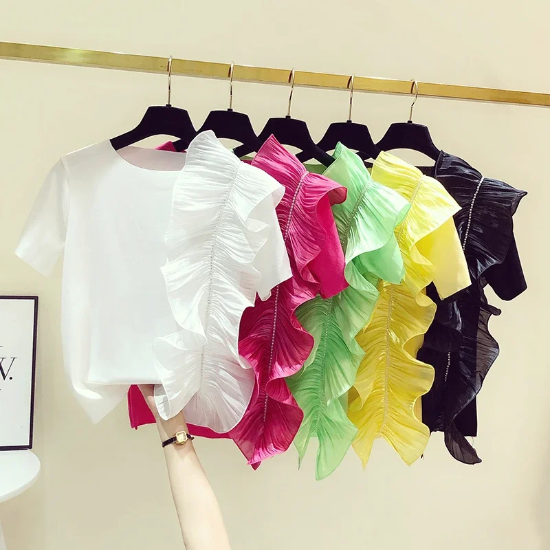 Ruffles Beading T Shirt for Women Solid Candy Color Vintage Korean Fashion Ropa De Mujer Spring Summer Short Tees
Ruffles Beading T Shirt for Women Solid Candy Color Vintage Korean Fashion Ropa De Mujer Spring Summer Short Tees