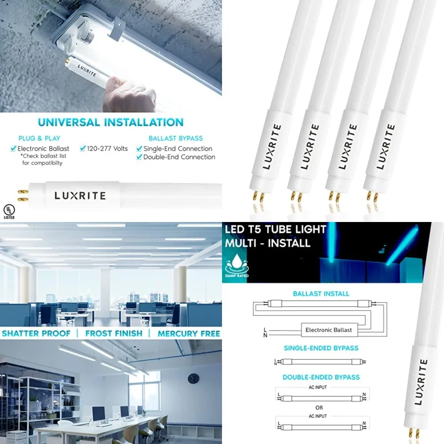 4Feet T5 LED Tube Lights, Type A+B, 24W=54W, 5000K Bright White, 45.78", Ballast and Ballast Bypass Compatible, Single or Doubl
4Feet T5 LED Tube Lights, Type A+B, 24W=54W, 5000K Bright White, 45.78", Ballast and Ballast Bypass Compatible, Single or Doubl