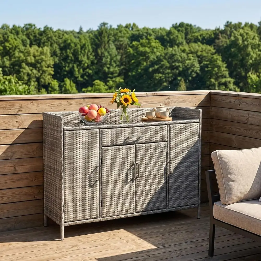 Durable Tempered Glass Patio Bar Table, Outdoor Wicker Storage Cabinet with Spacious Drawer & Adjustable Shelves, Grey Rattan Ba
Durable Tempered Glass Patio Bar Table, Outdoor Wicker Storage Cabinet with Spacious Drawer & Adjustable Shelves, Grey Rattan Ba