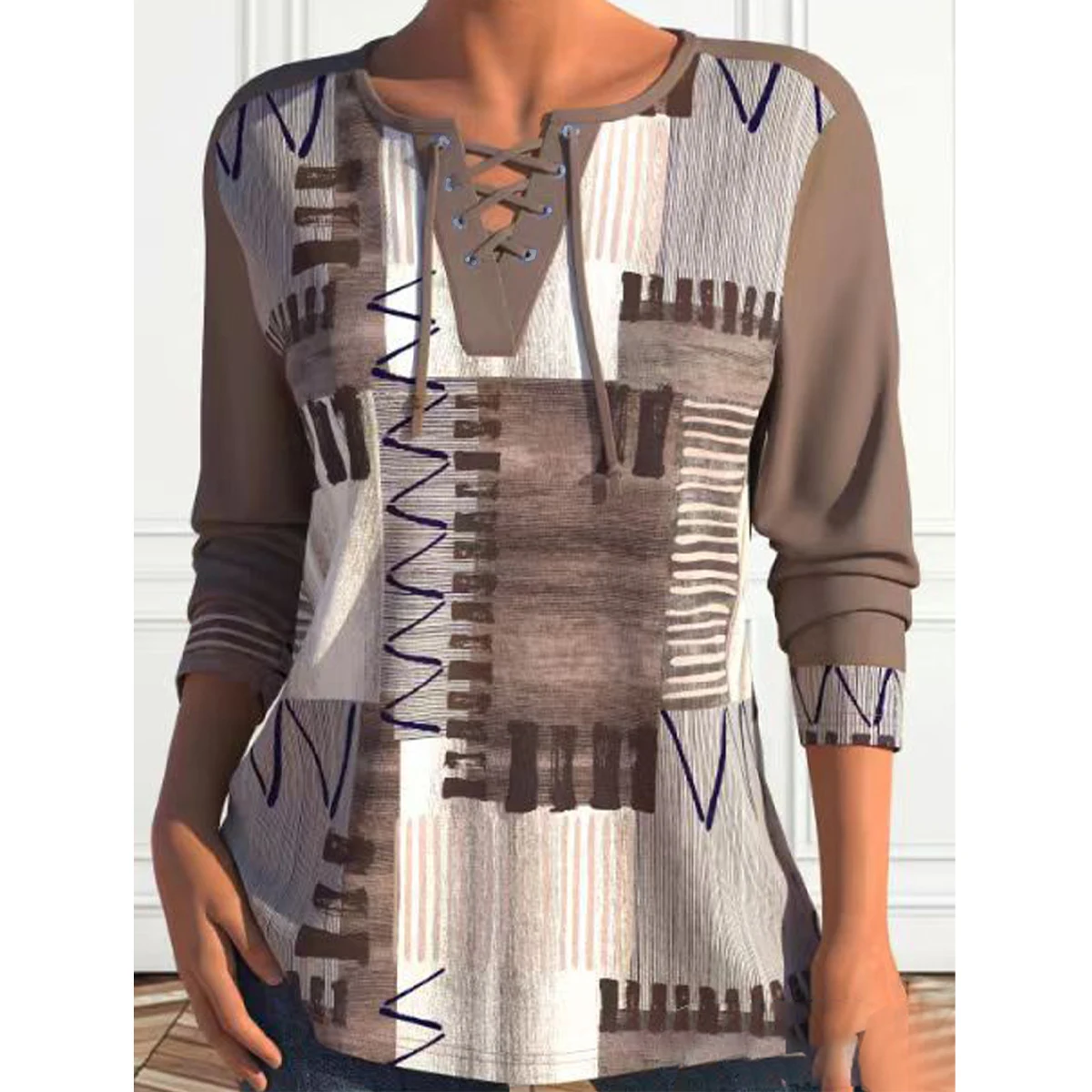 Women's Autumn Winter Long Sleeve T-Shirt New Fashion Geometric Print Bandage V-Neck Tops Shirts Female Clothes Blouse Pullover
Women's Autumn Winter Long Sleeve T-Shirt New Fashion Geometric Print Bandage V-Neck Tops Shirts Female Clothes Blouse Pullover